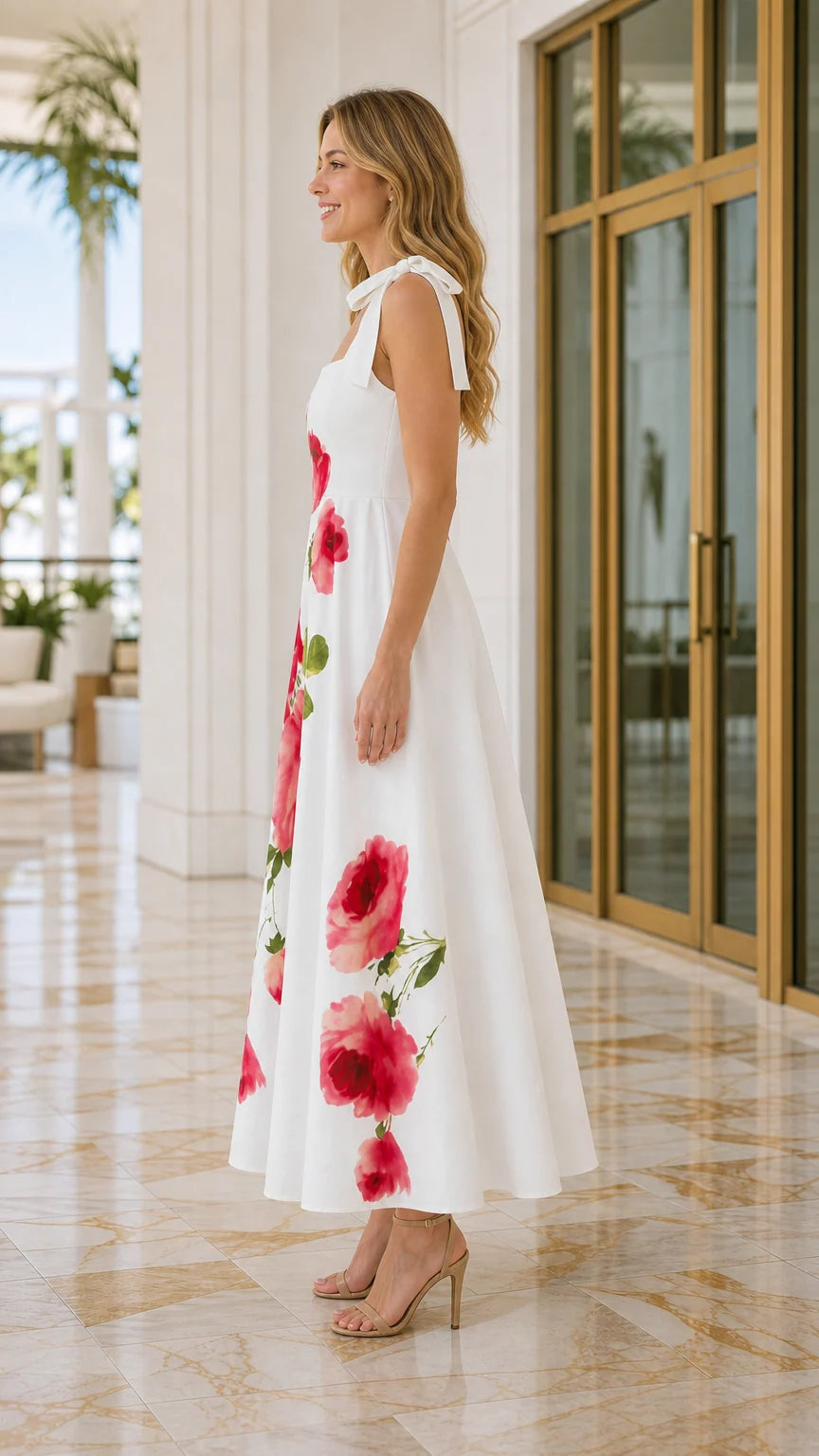 Side profile view of white floral maxi dress