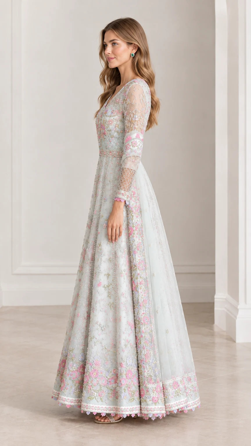 Side profile view of Ice Blue embroidered formal long sleeve gown