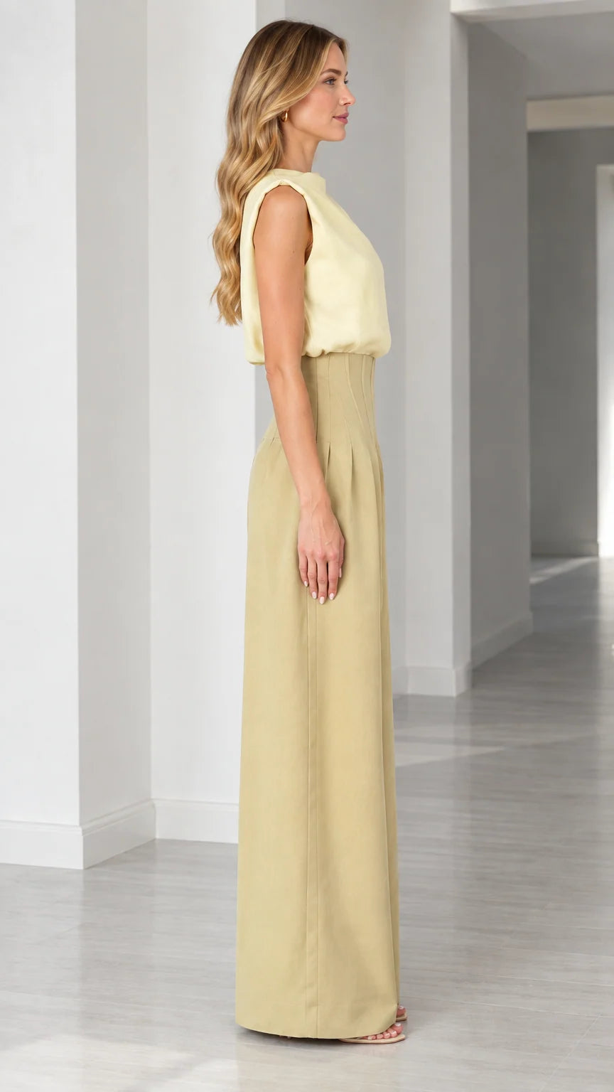 Side profile of model wearing high-waist wide-leg jumpsuit in butter yellow and khaki