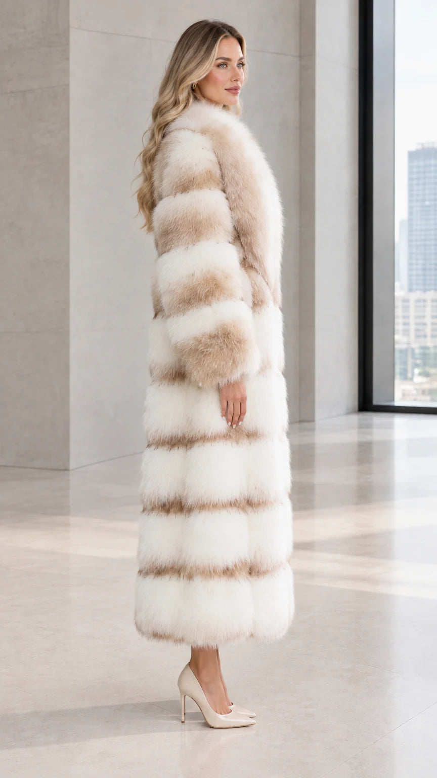 Side profile view of woman wearing full-length cream beige striped faux fur outerwear