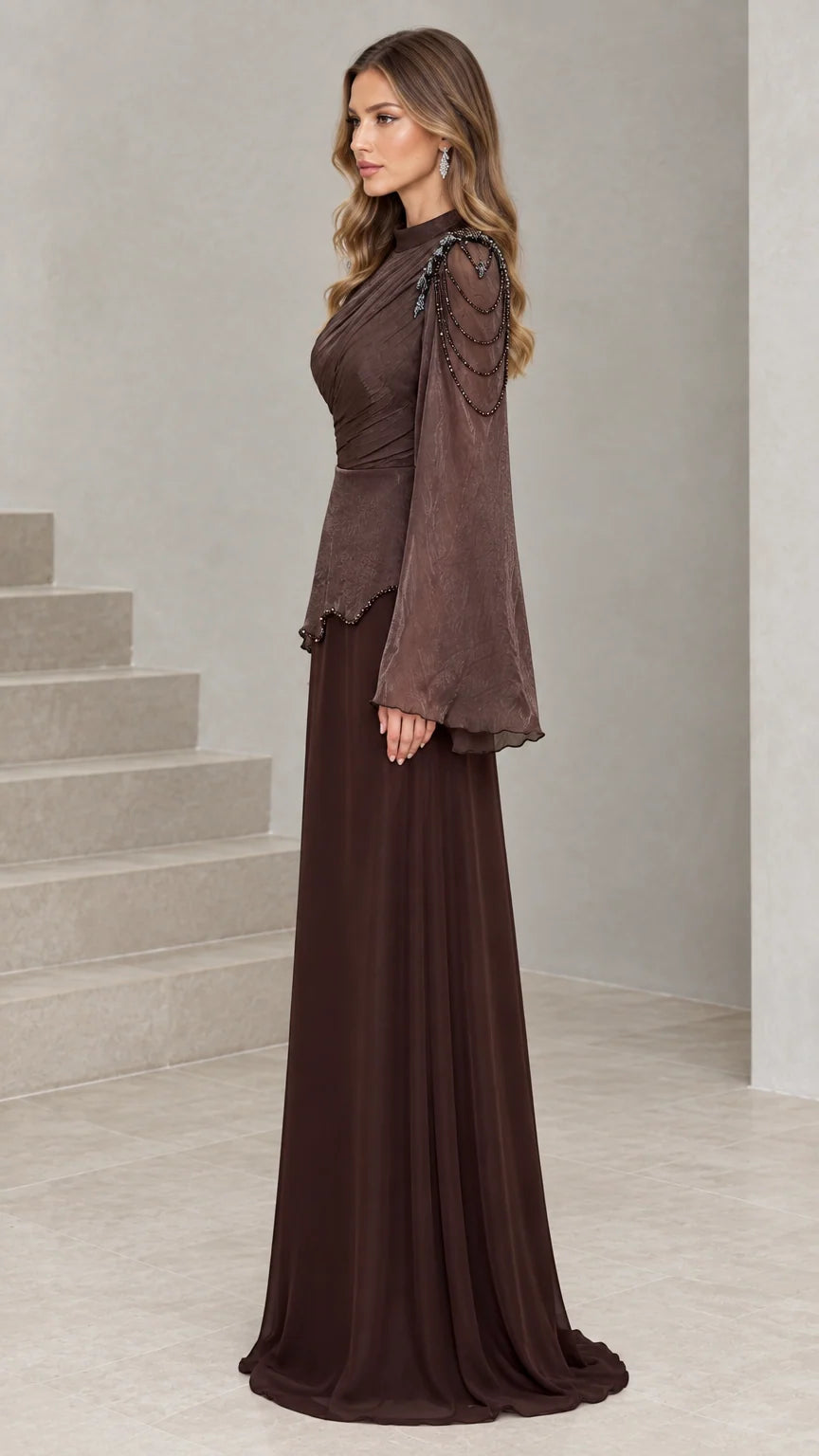 Side profile view of Chocolate Brown long sleeve beaded formal maxi dress