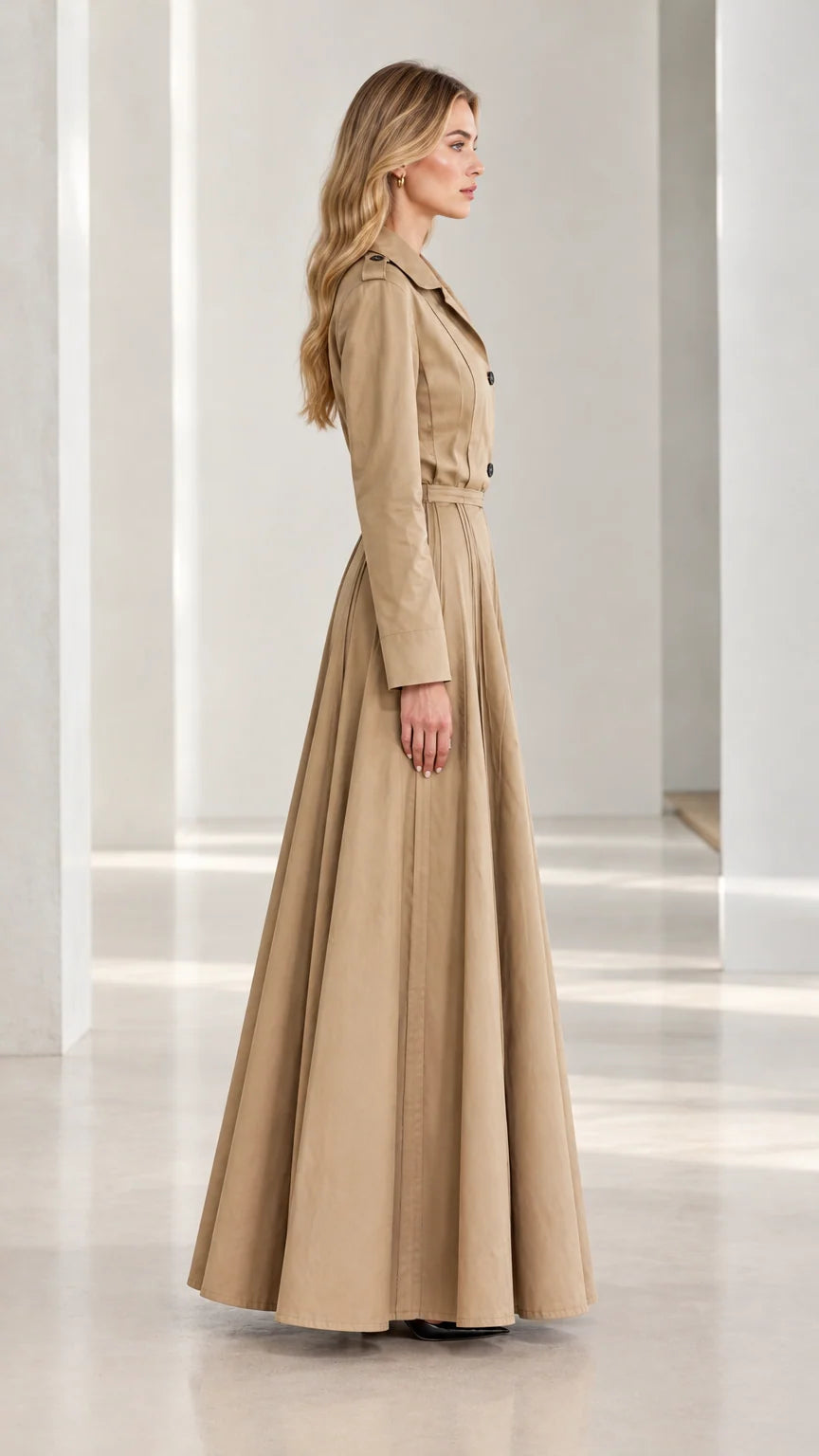 Side profile view of khaki pleated trench maxi dress