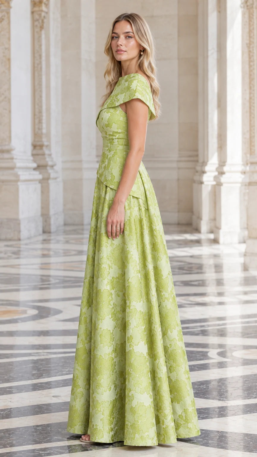 Model in Lime Green capelet A-line evening dress side view