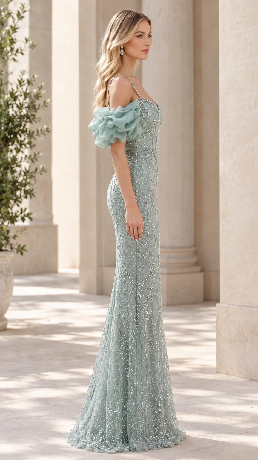 Side profile of the sage green formal dress showing fit and trailing skirt