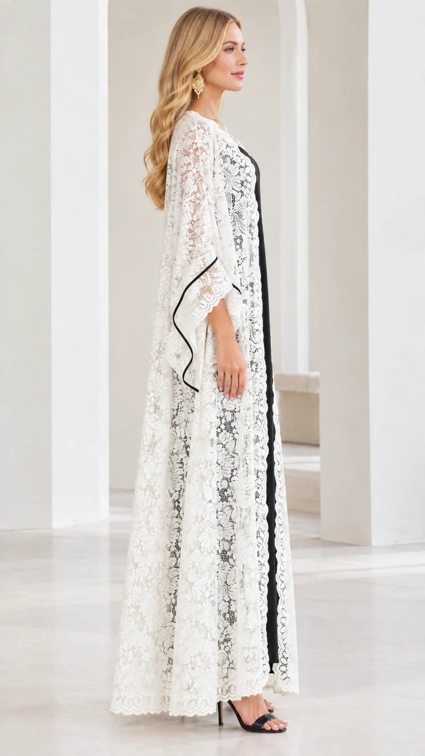 Side profile of white floral lace kimono coat and long evening dress