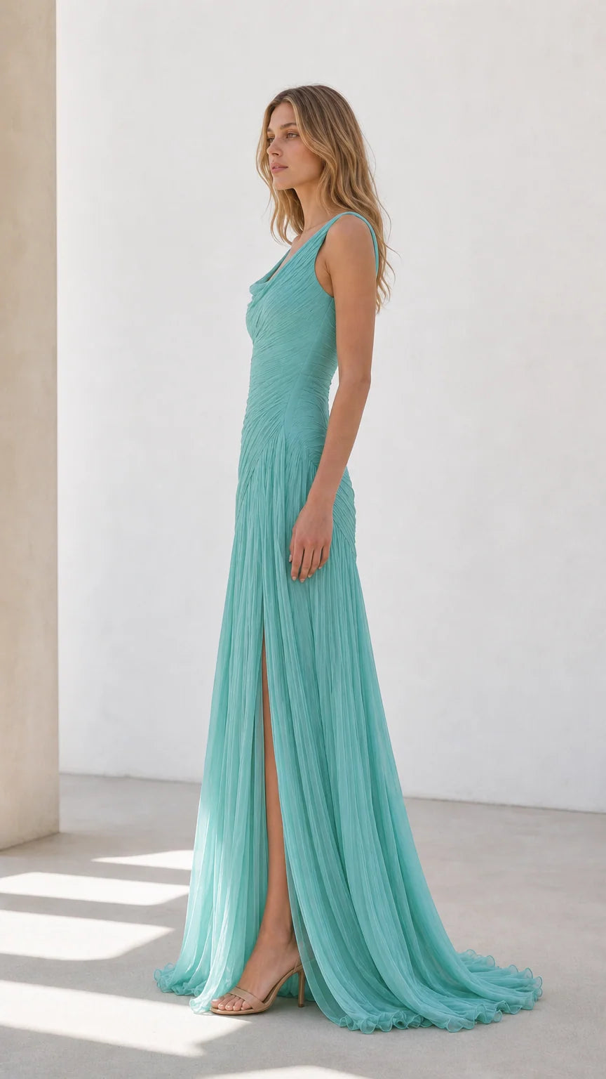 Side profile of aqua blue pleated evening dress showing draped silhouette