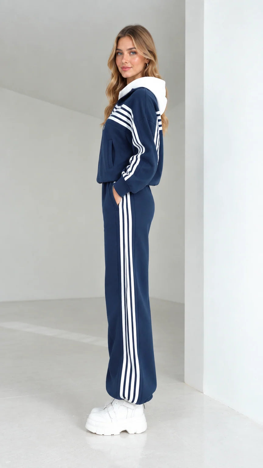 Side profile view of woman wearing navy blue striped hooded sweatsuit set