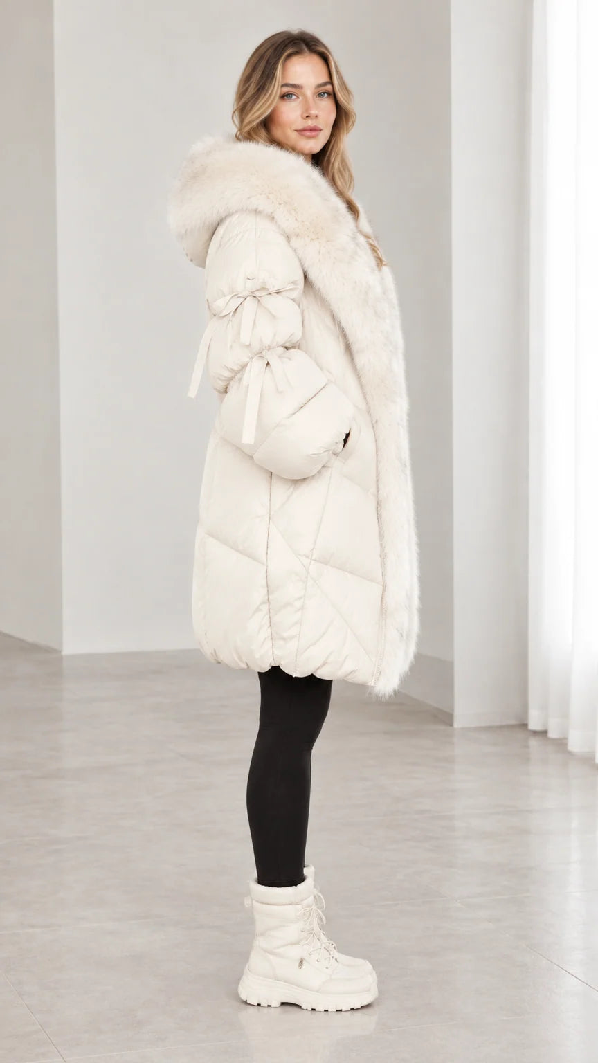 Side profile view of off white mid length hooded puffer coat
