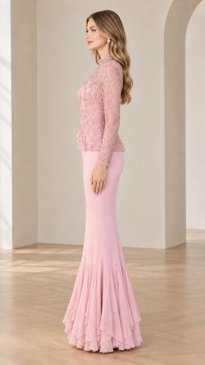 Side profile view of blush pink long sleeve embellished formal mermaid dress