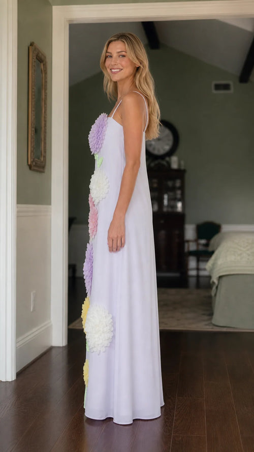 Side profile of model in Lilac floral maxi dress