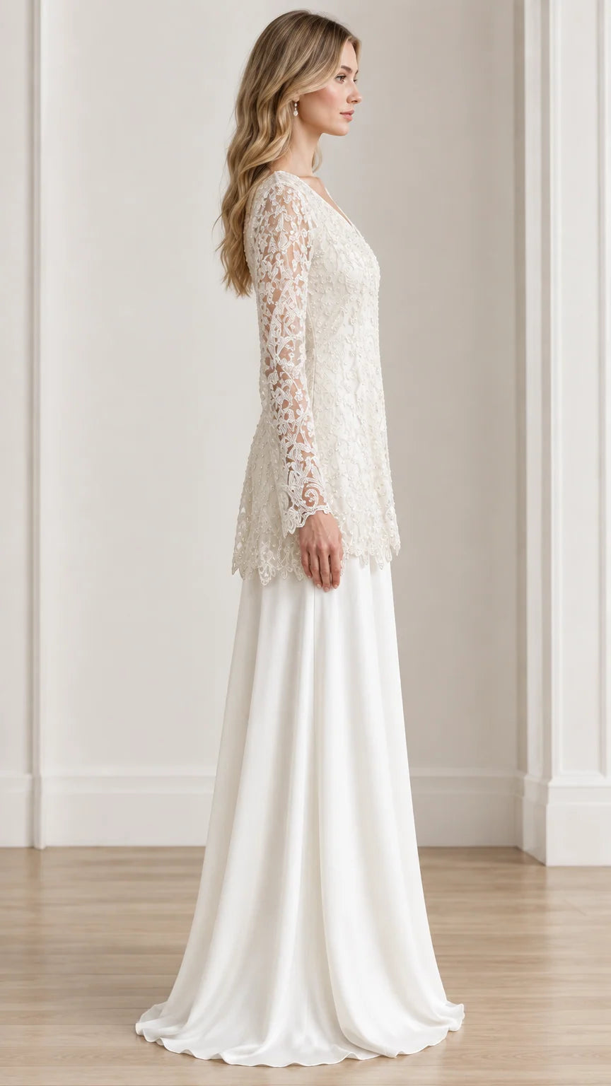 Side profile view of Ivory embroidered lace evening pant suit