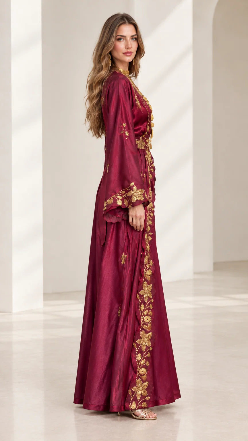 Side angle of burgundy embroidered satin gown showing silhouette