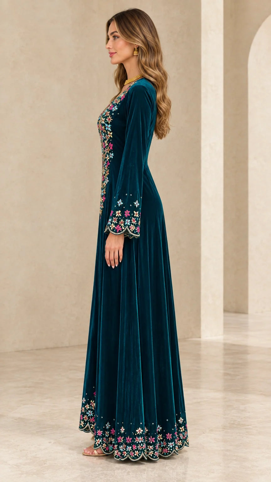 Side profile view of teal velvet long sleeve embroidered gown