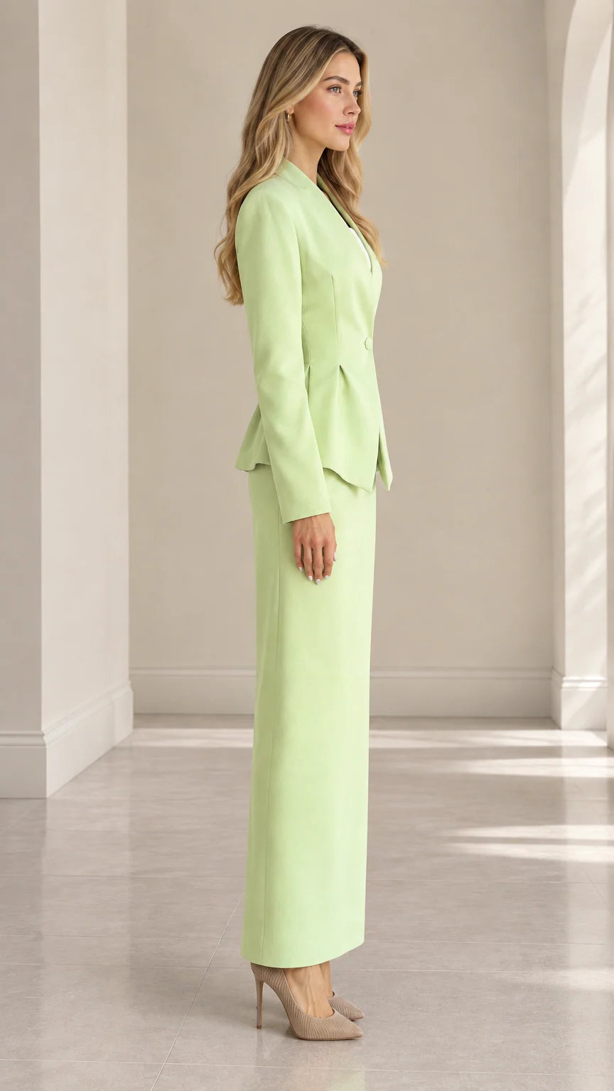 Side profile of model in mint green tailored peplum skirt suit