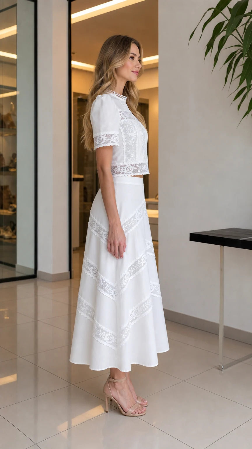 Side profile view of woman in white lace two-piece set with heels