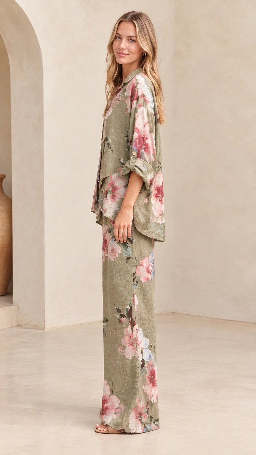 Sage Green floral two-piece set side profile view