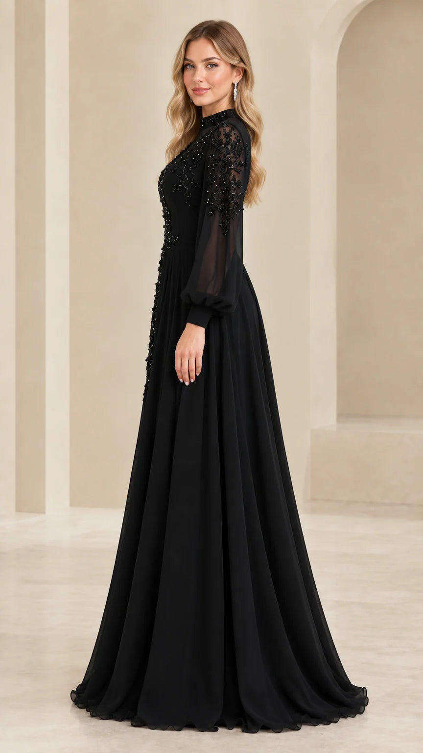 Side 3/4 view of black chiffon long sleeve formal dress with sequin details