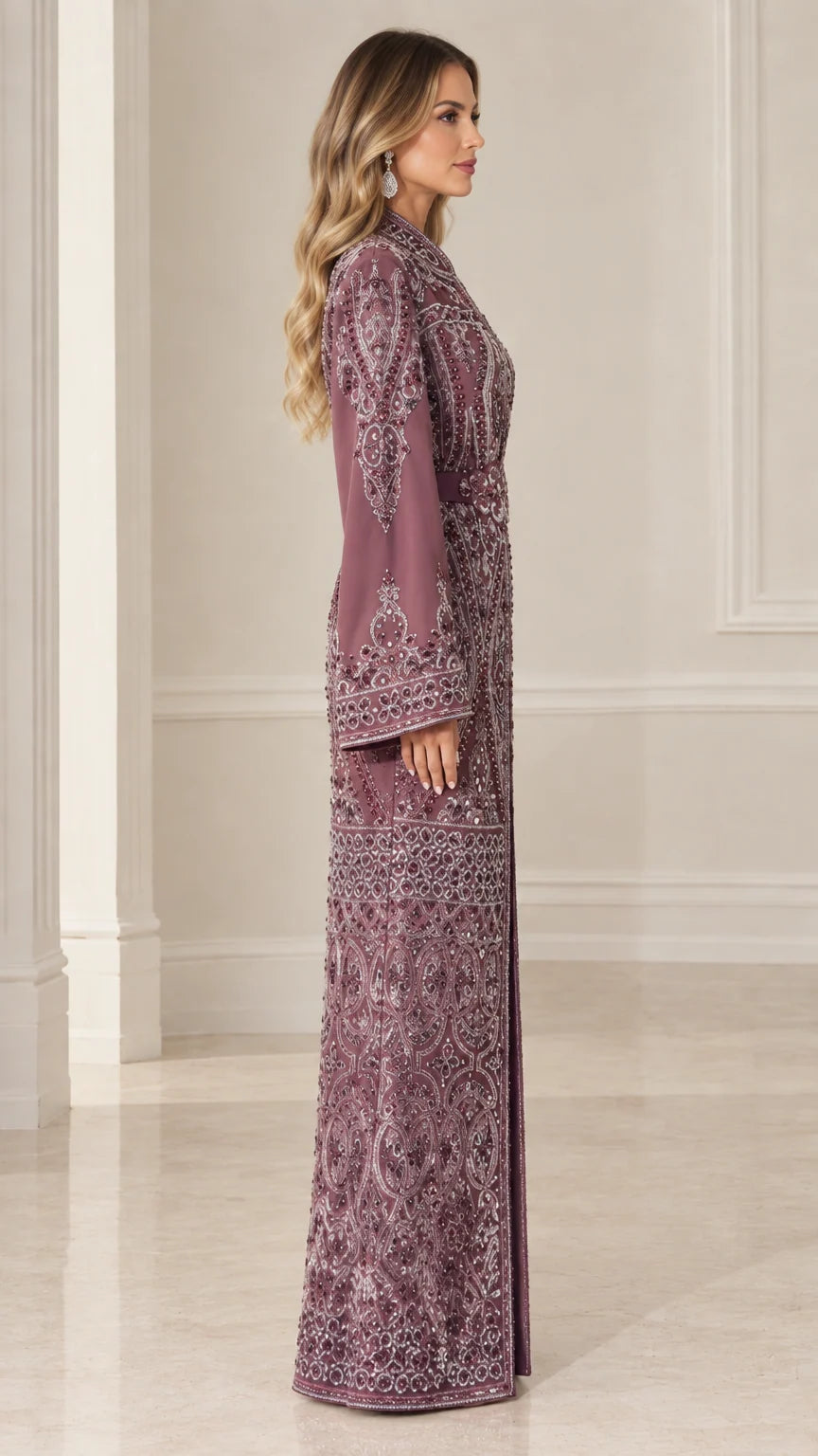 Side profile of model in plum beaded kaftan maxi gown showing sleeve detailing
