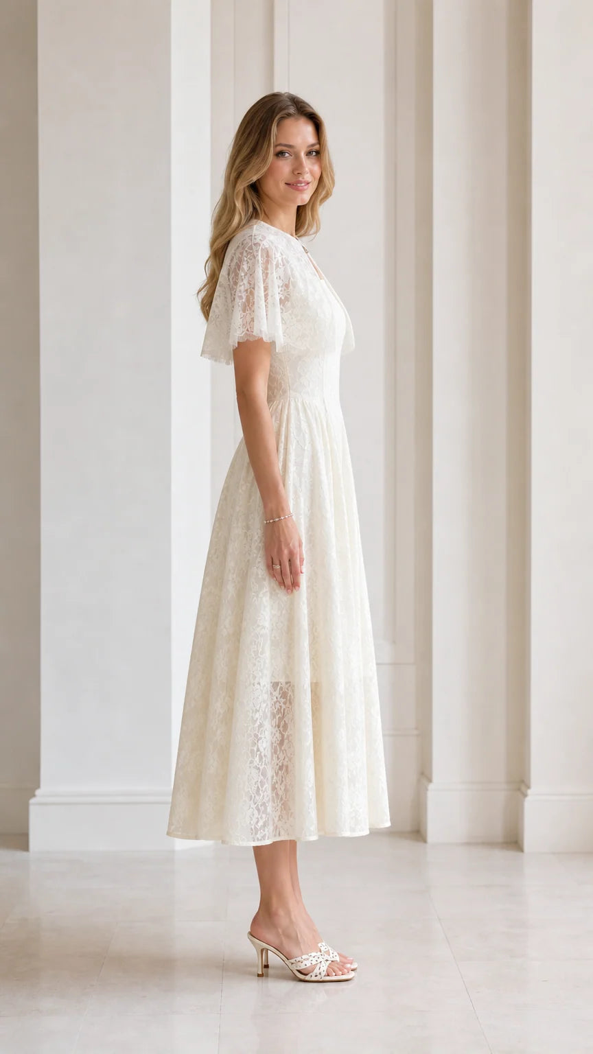 Side profile of Ivory Floral Lace Capelet Midi Dress