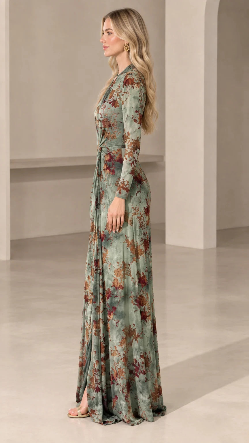 Side profile view of woman wearing sage green floral long sleeve maxi dress