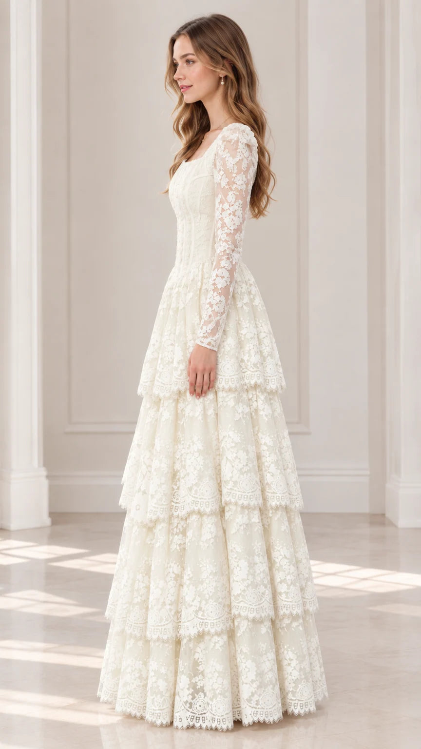 Side profile view of model wearing ivory long sleeve tiered lace maxi dress