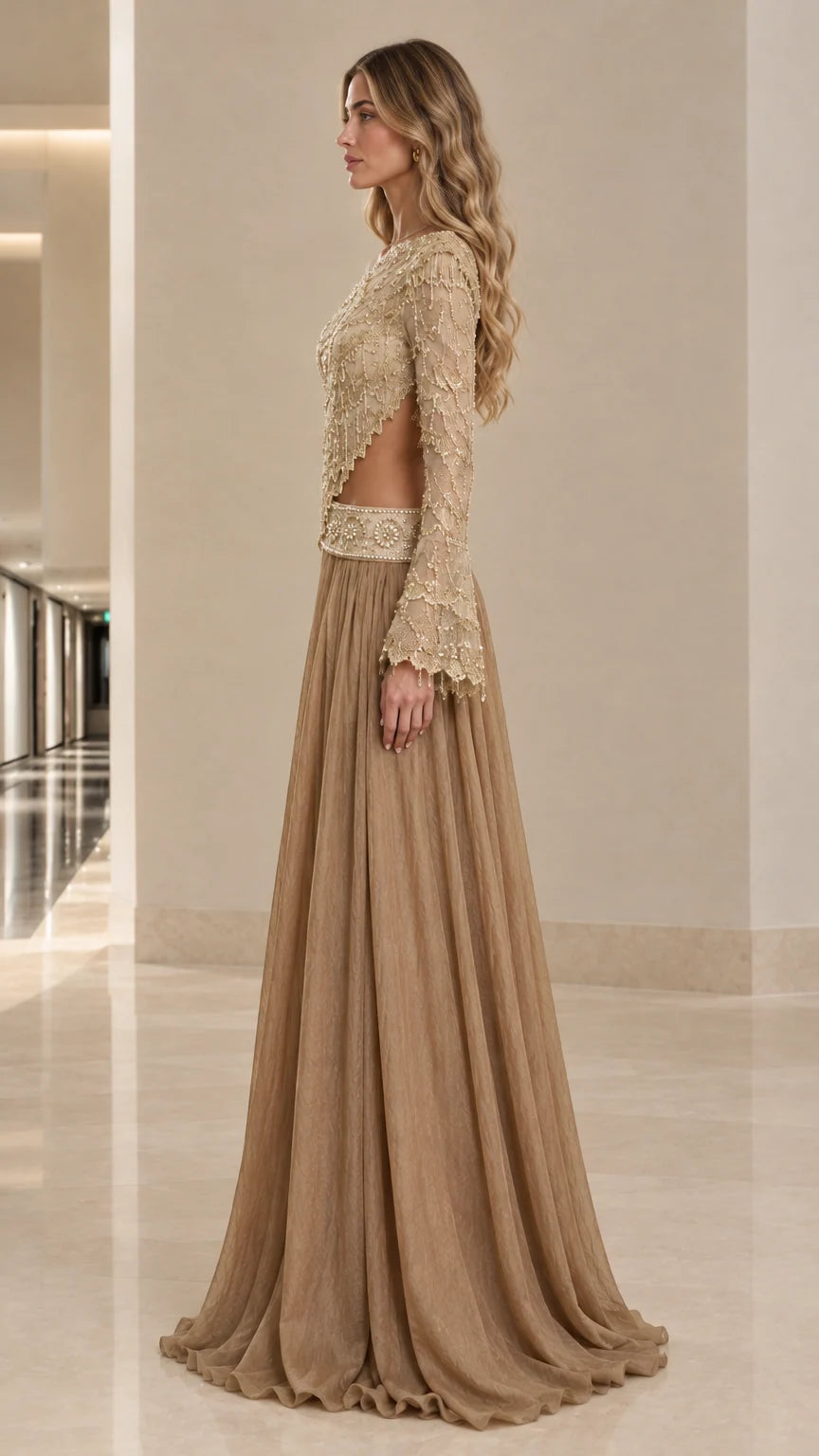 Champagne Gold one-shoulder cutout maxi gown side view