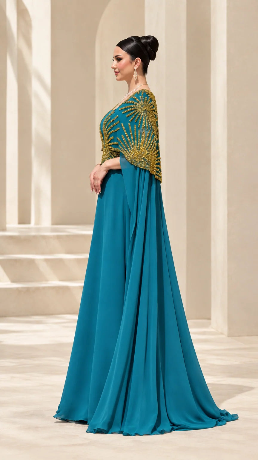 Side profile of teal blue formal evening cape dress