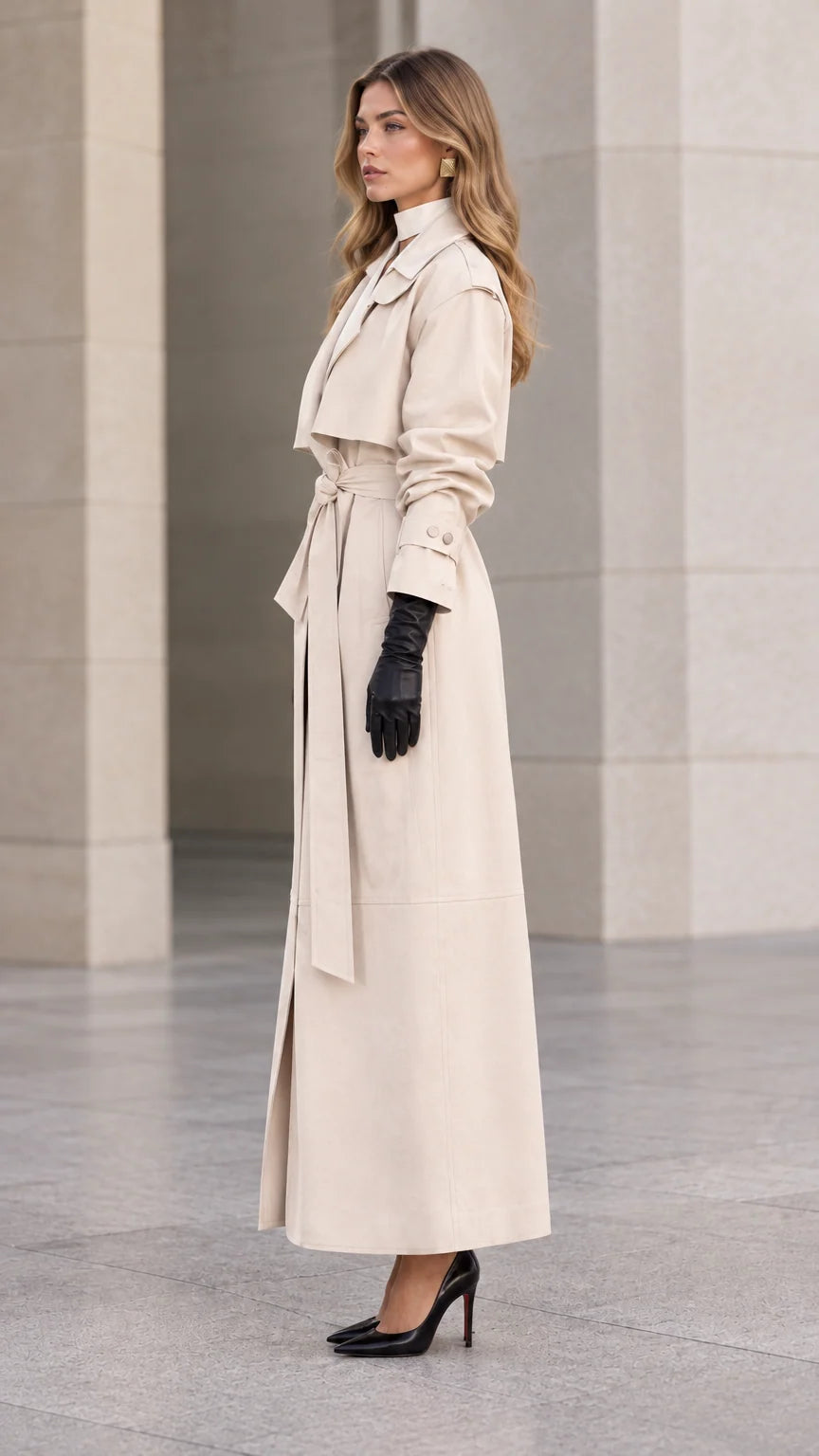 Side profile view of woman modeling longline cream trench coat with waist sash