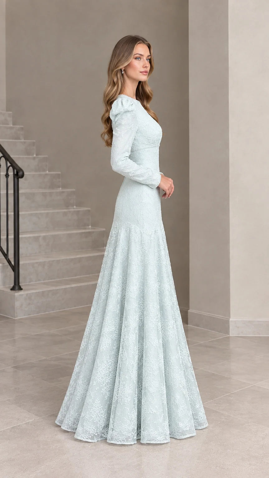 Ice blue formal lace maxi dress side profile view