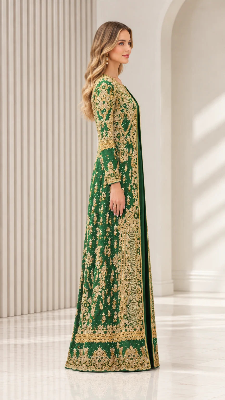 Side profile of Emerald Green floor-length embroidered evening gown