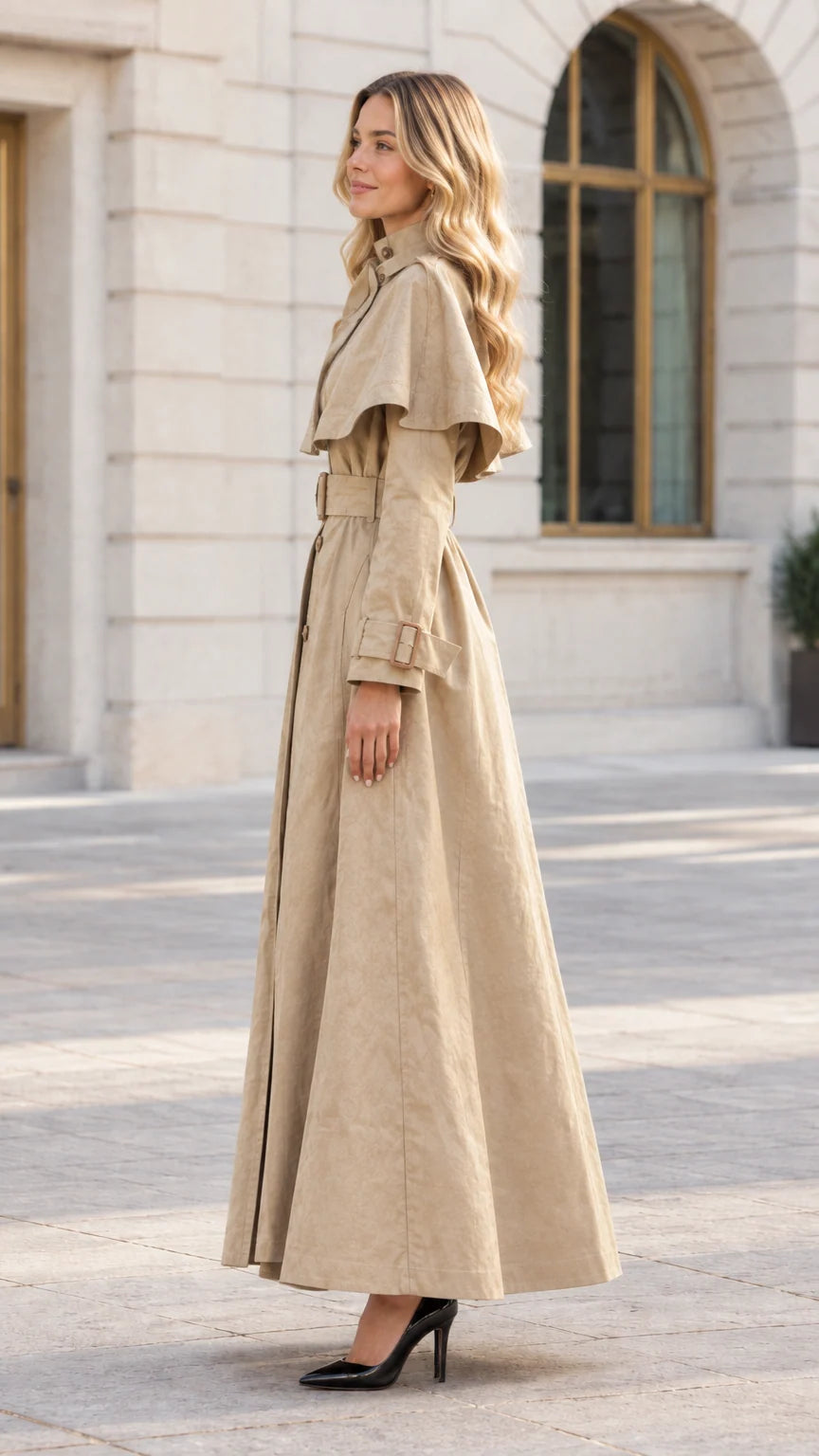 Side profile view of Khaki Maxi Cape Trench Coat showing capelet overlay