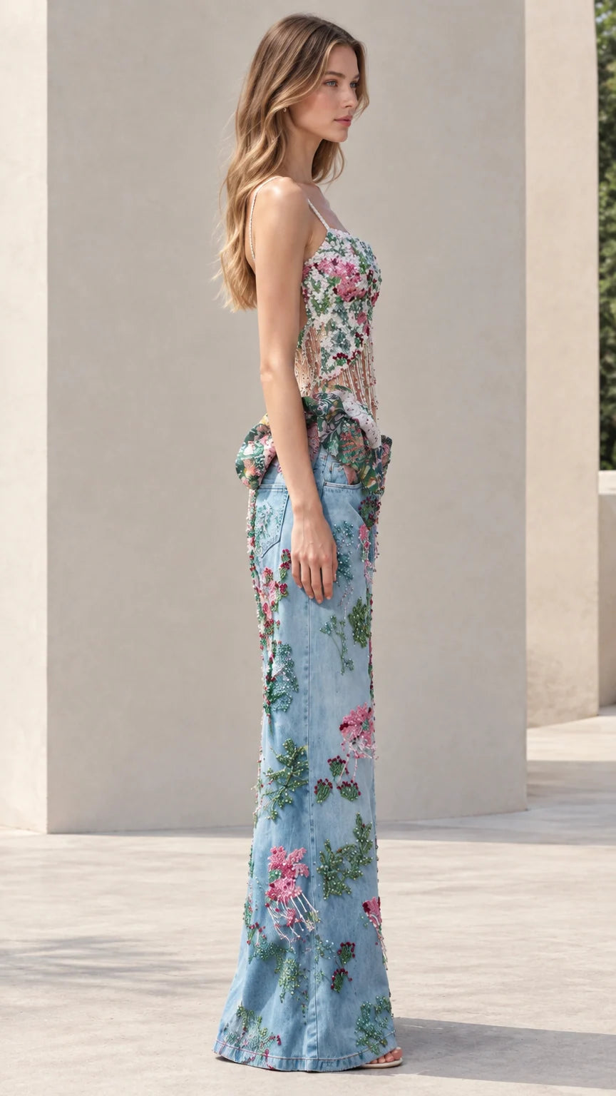 Light blue floral embellished two-piece pant set - side profile view