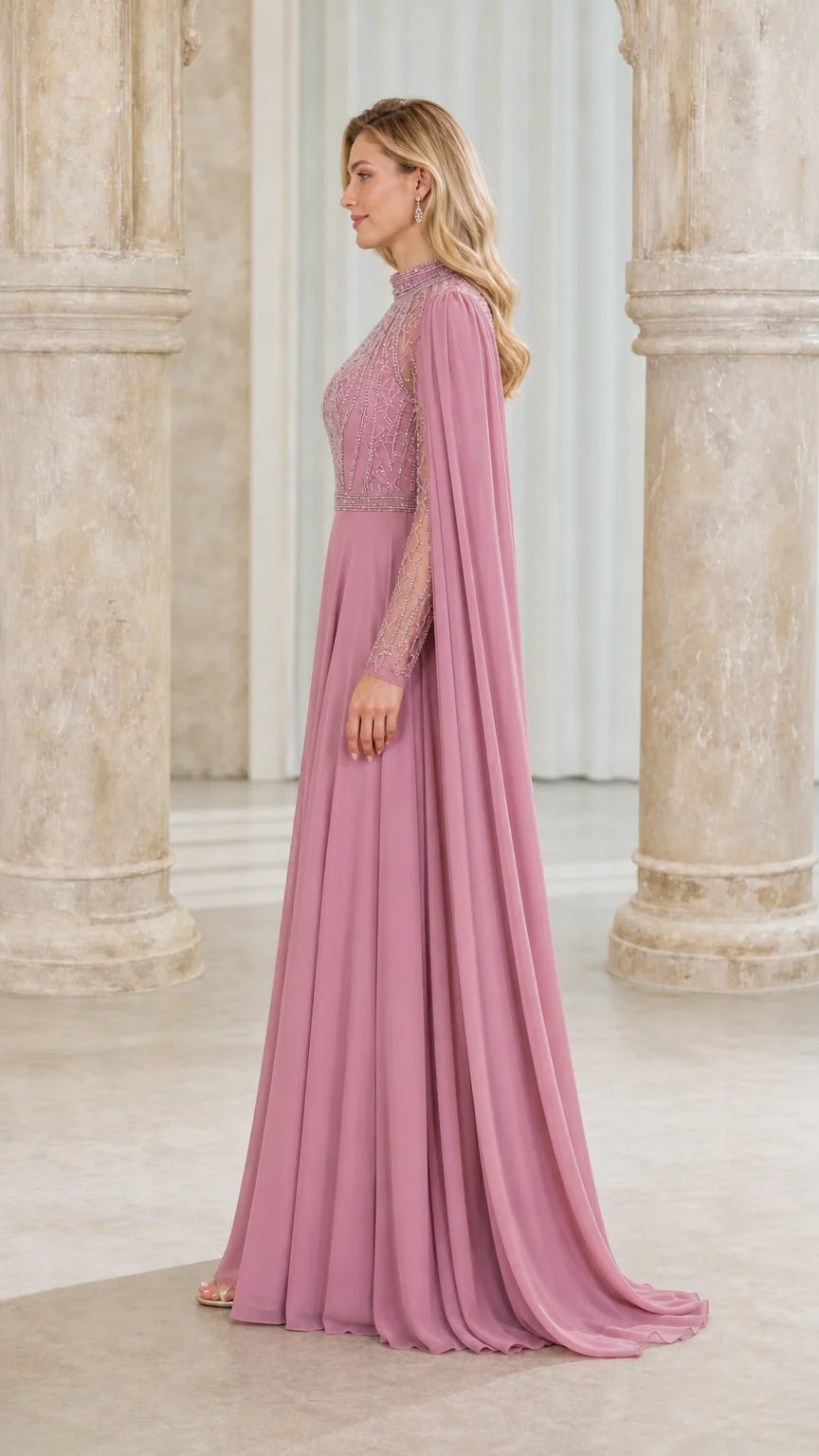 Side profile view of mauve formal gown
