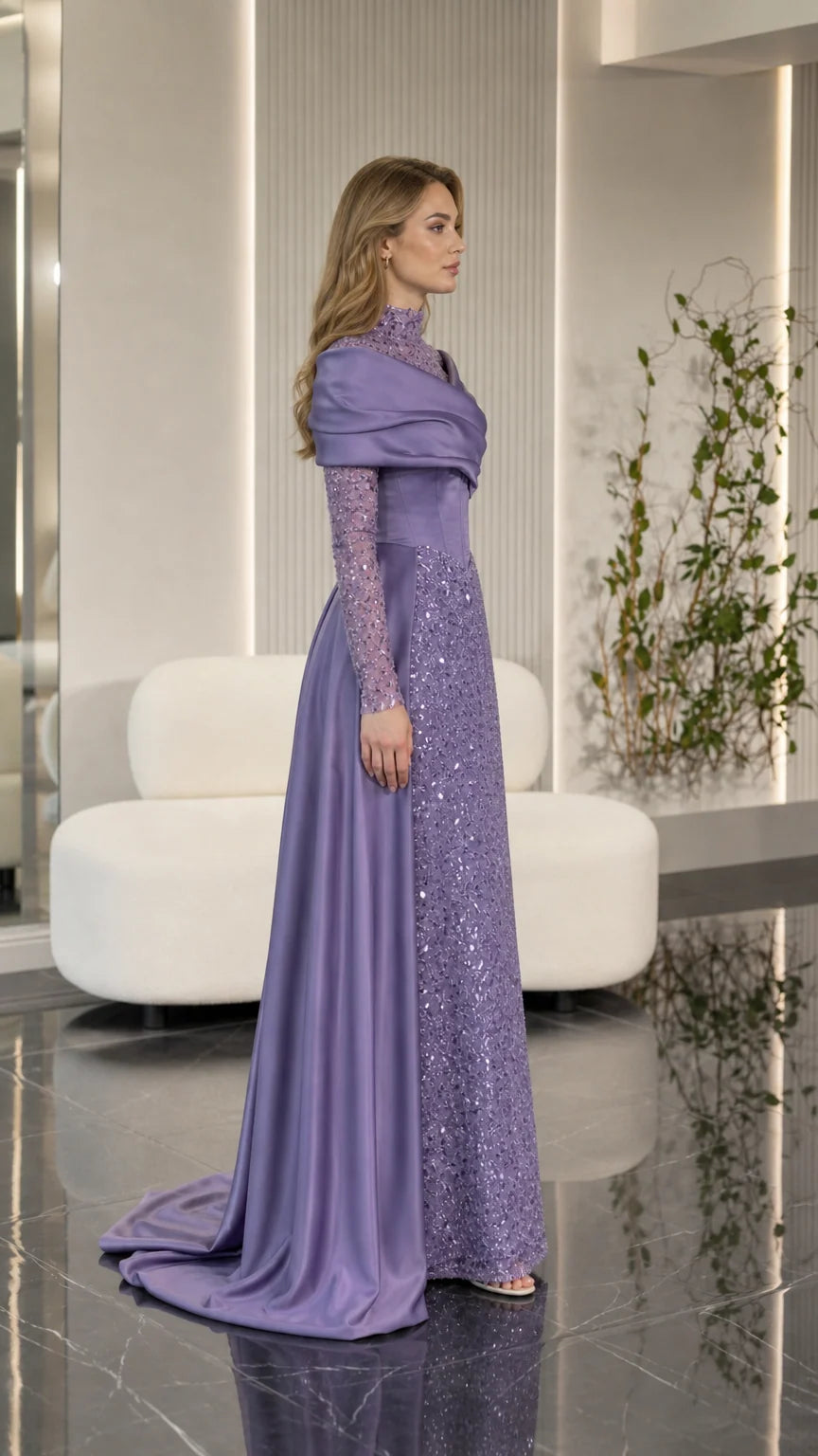 Side profile of lavender sequin formal gown with sweeping satin train