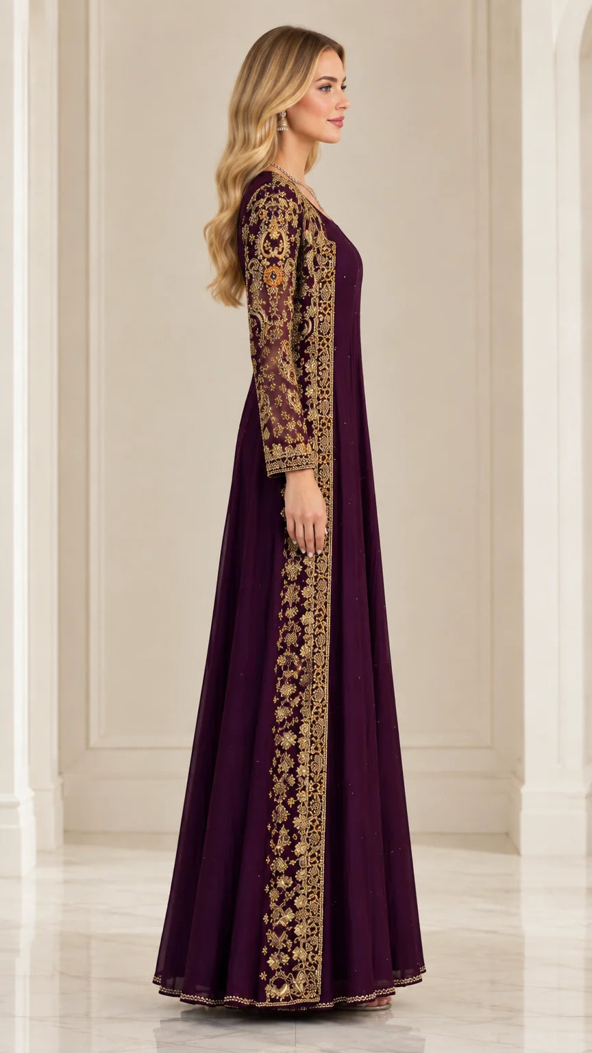 Side profile of women's deep purple maxi gown with sheer gold embroidered duster