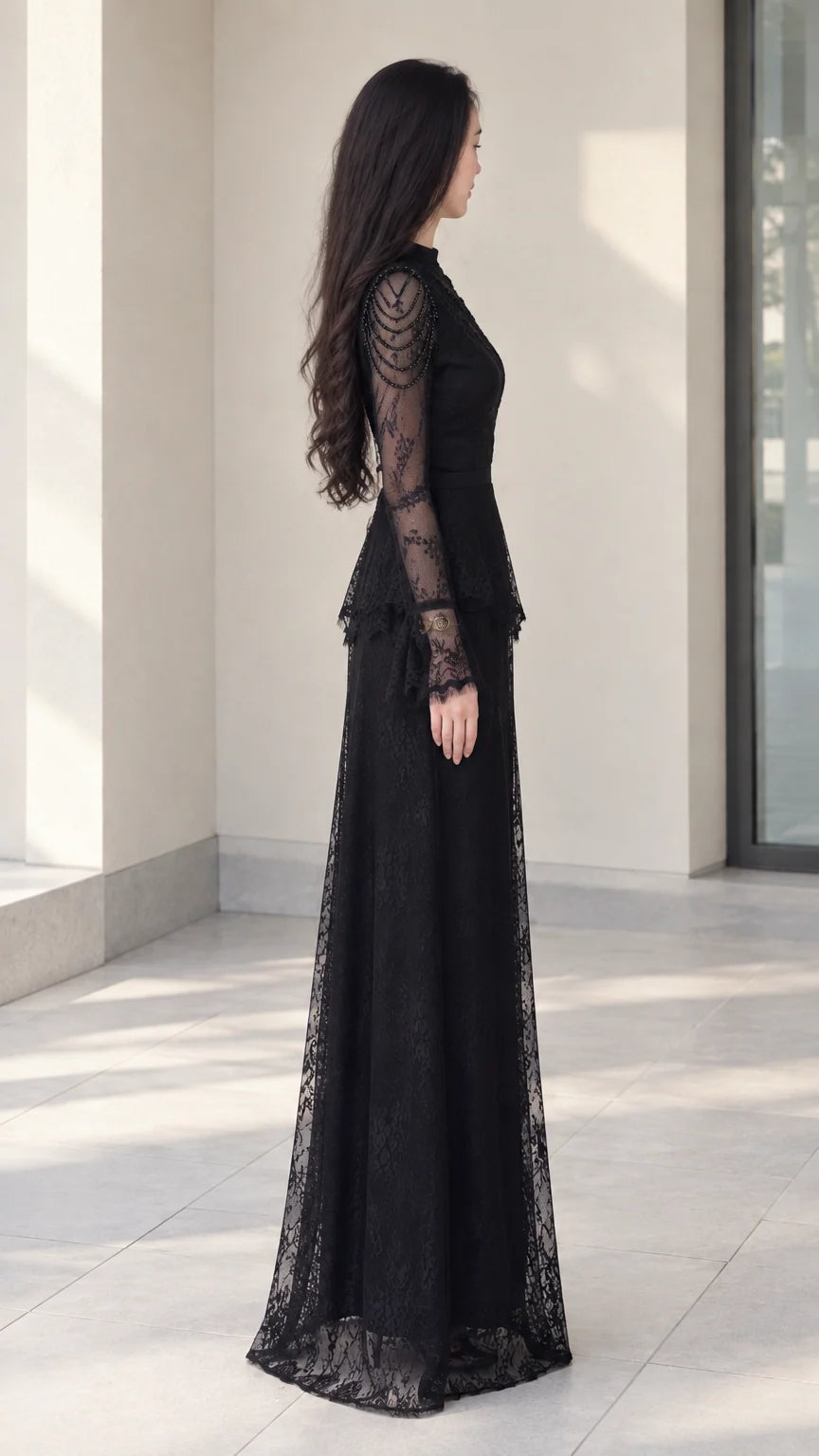 Black long sleeve lace evening gown side profile view