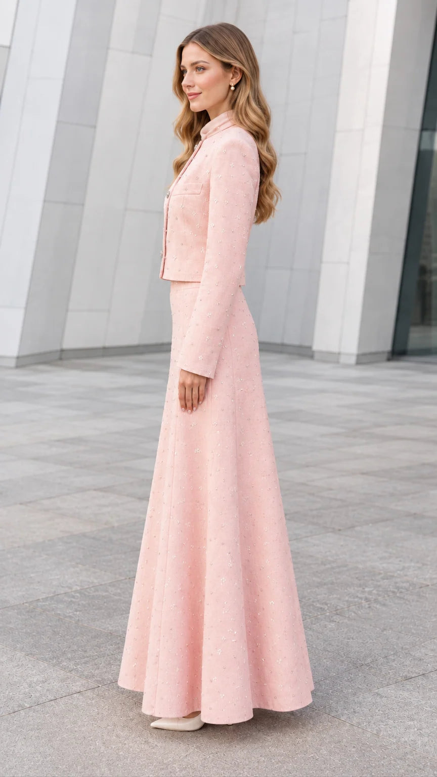 Side profile view of Blush Pink tweed modest two-piece skirt set