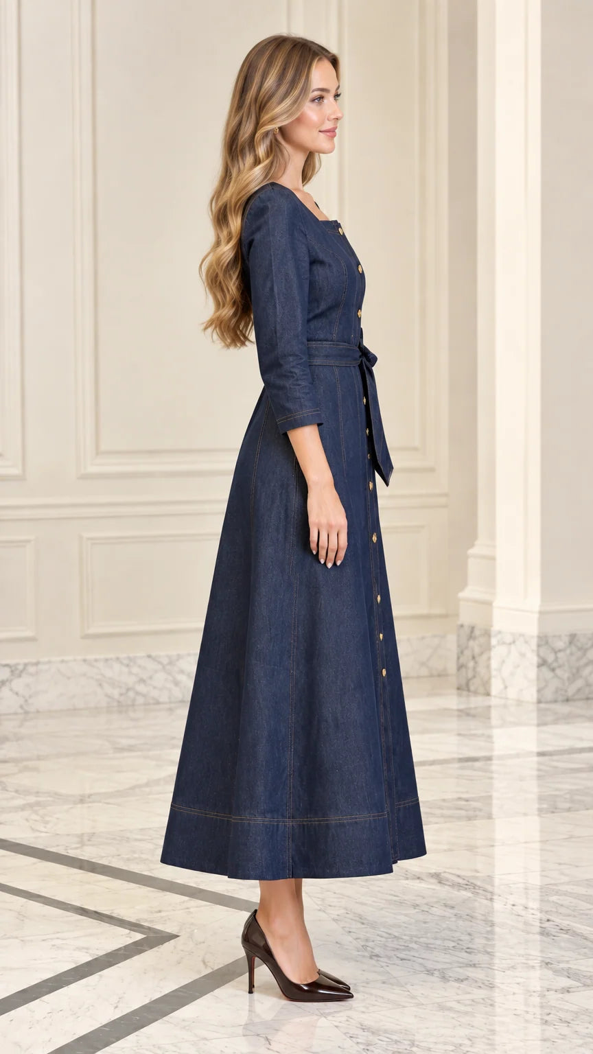Side profile of Indigo Blue A-line denim midi dress showing 3/4 sleeves and flare