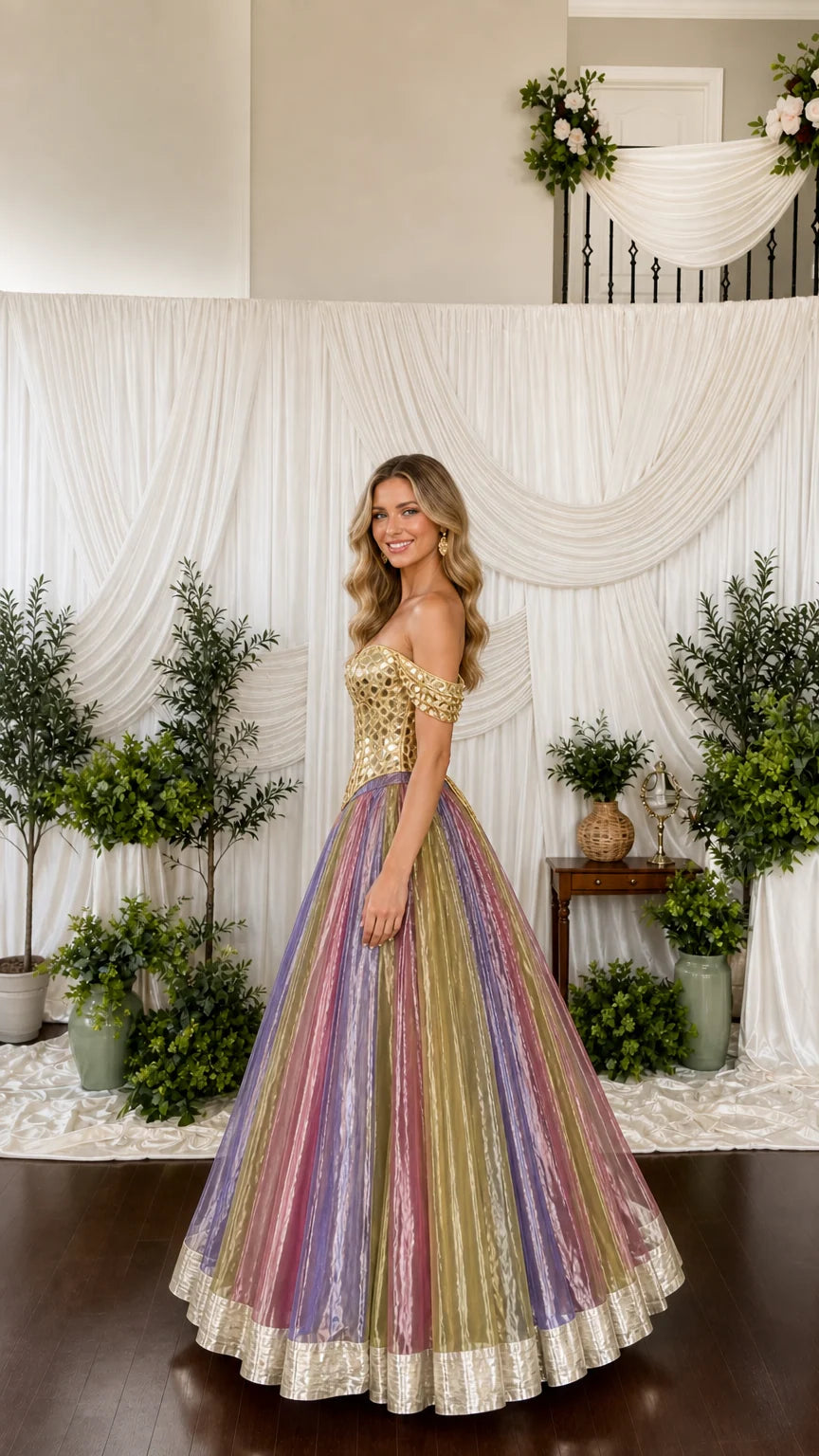 Side angle of model showcasing voluminous striped multicolor skirt and fitted mirror bodice
