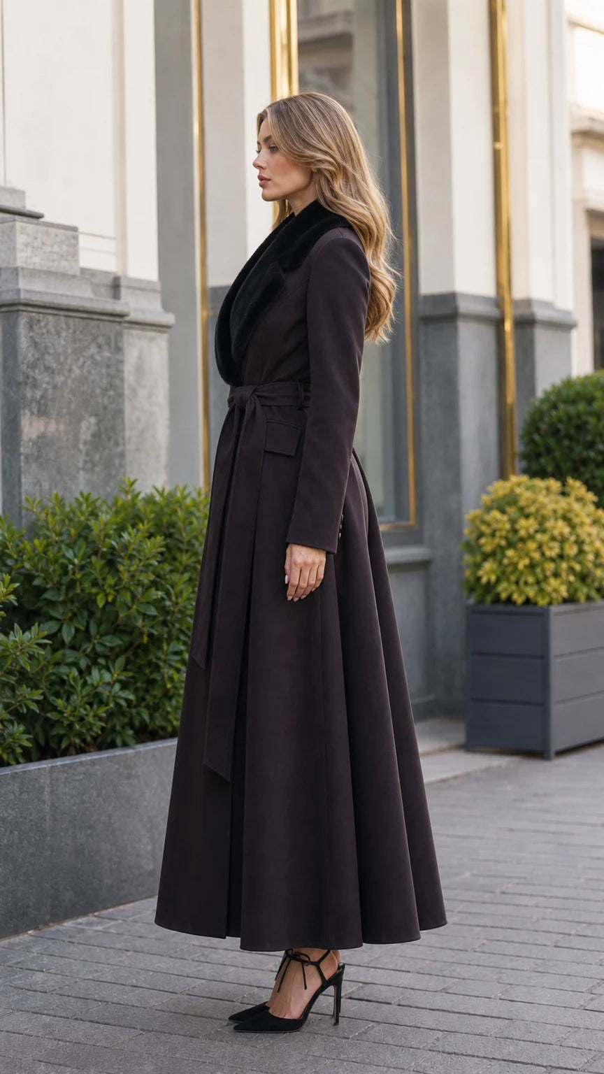 Side profile view of elegant dark brown fit and flare longline maxi coat
