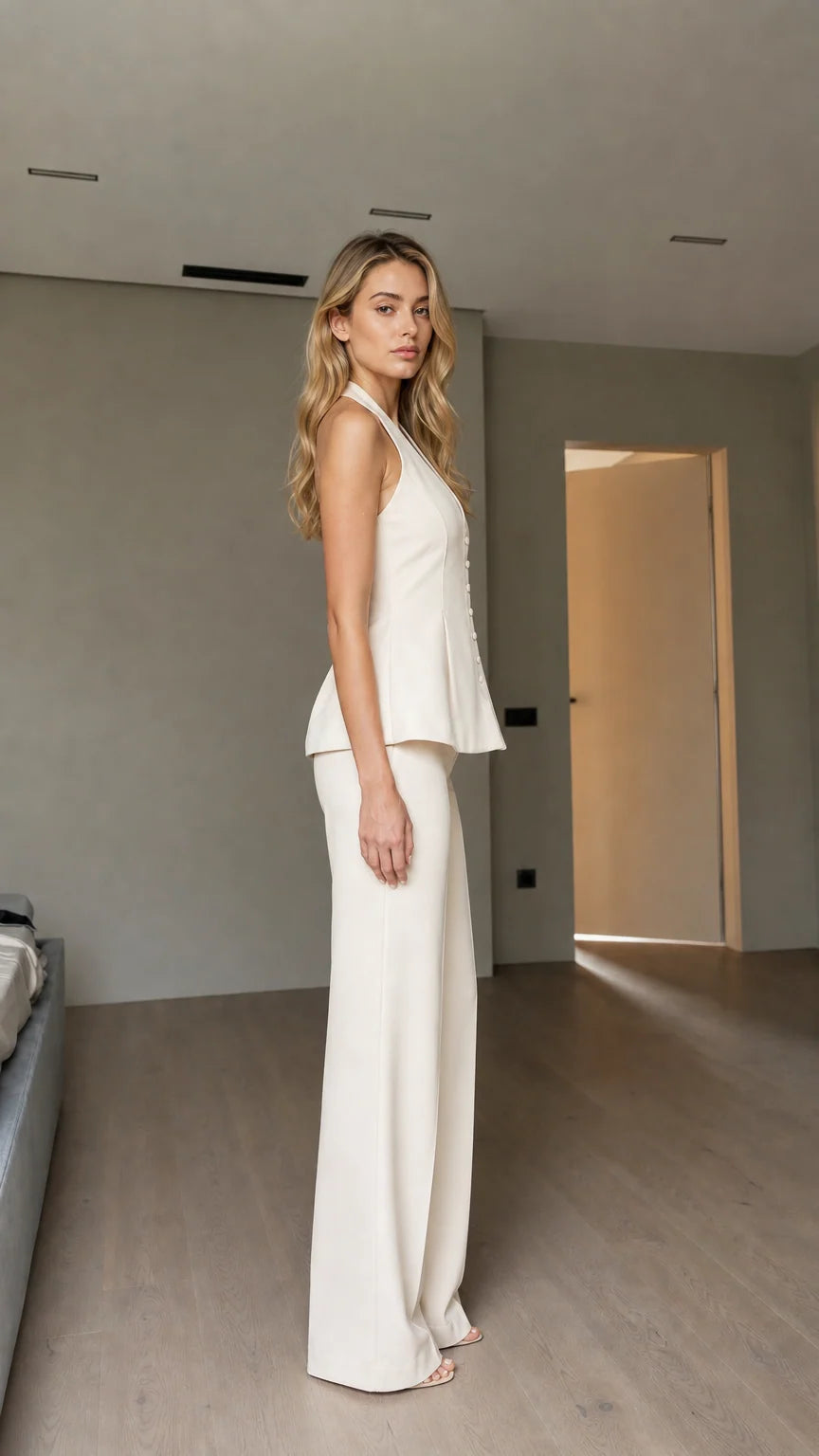 Model wearing white pants set side view