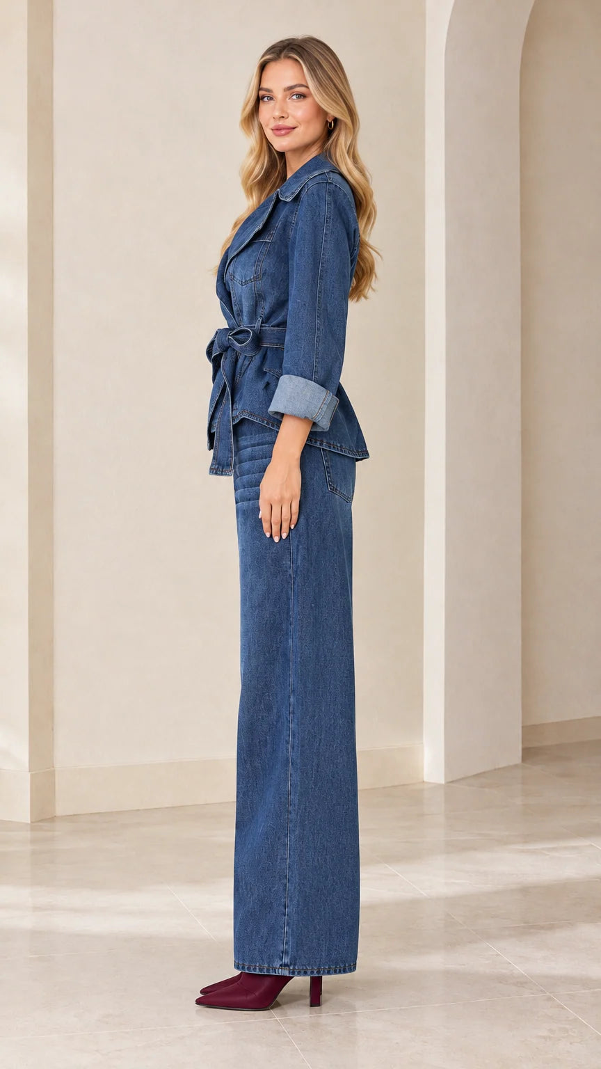 Side profile of model wearing Classic Blue matching denim two-piece set