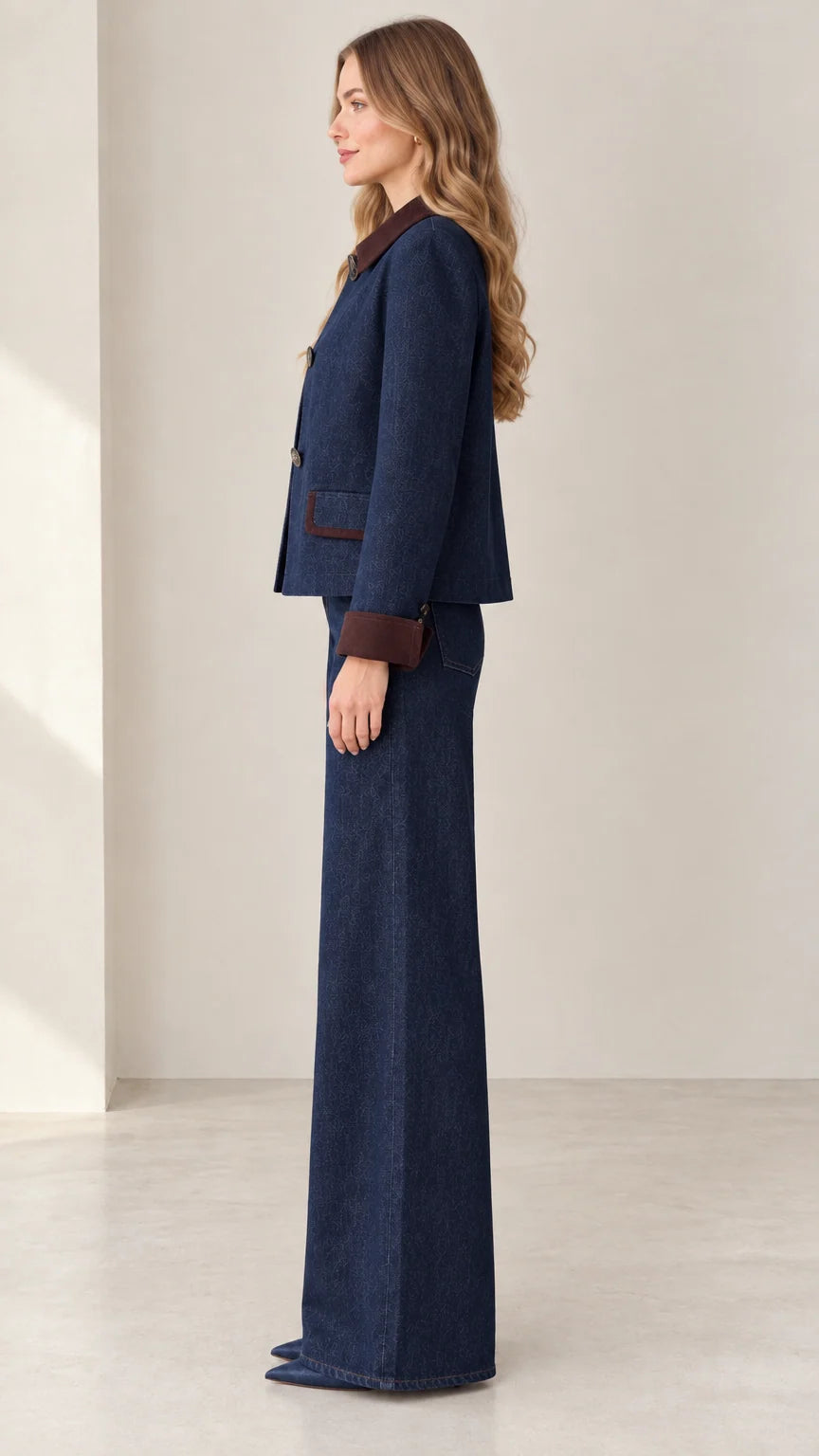 Side profile of model wearing Indigo Blue denim two-piece suit