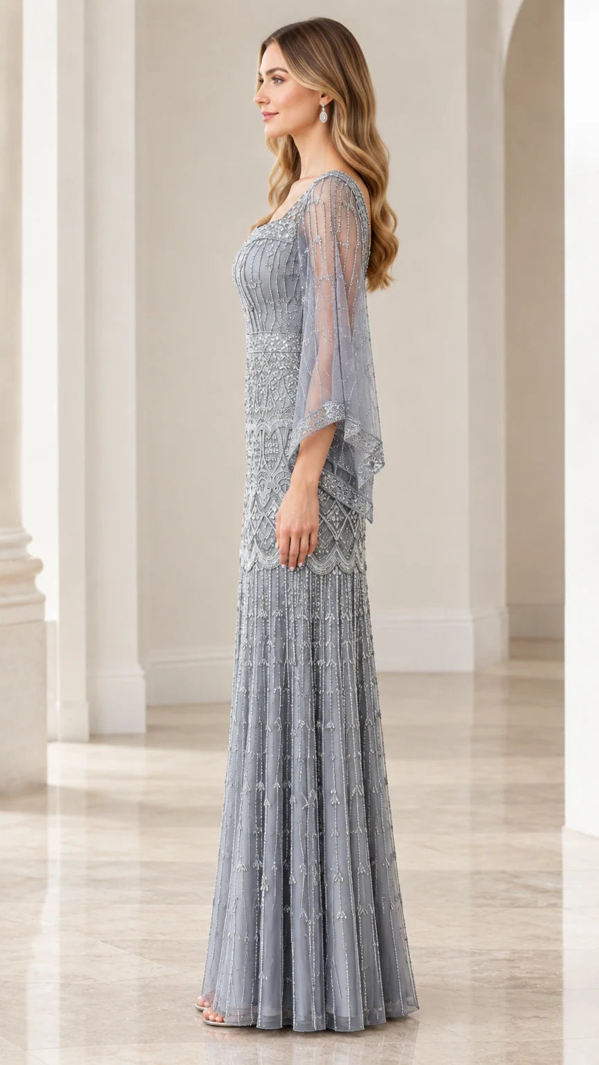 Dusty Blue beaded evening gown side profile view