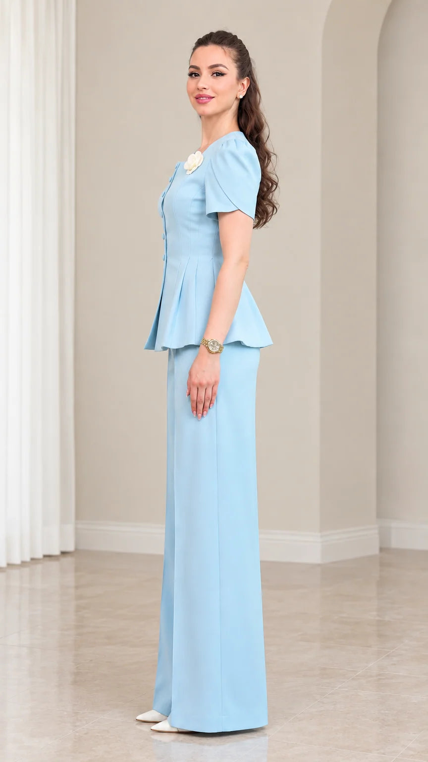 Side view of Sky Blue tailored peplum top and wide leg pant suit