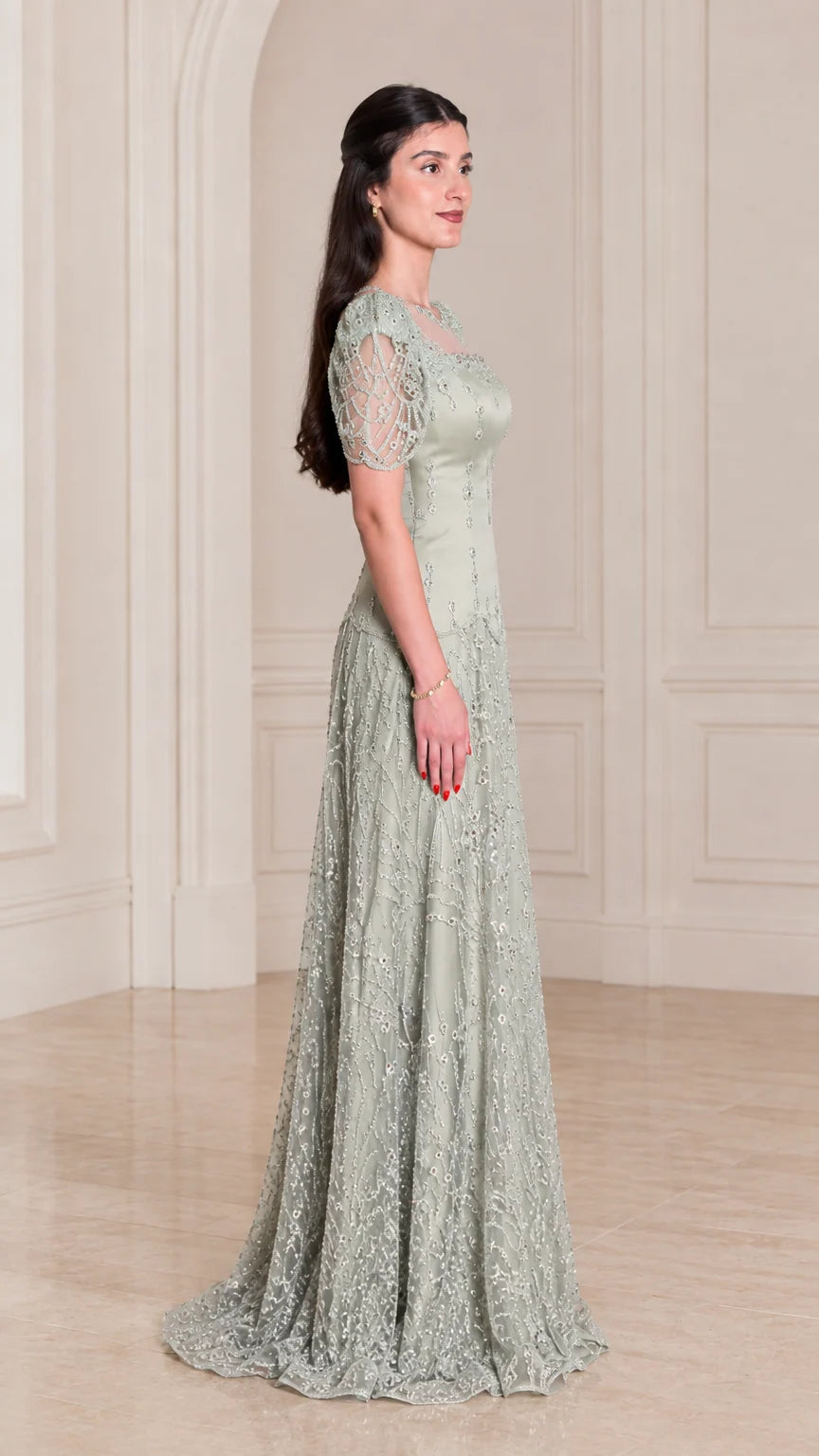 Side profile of Sage Green floor-length formal dress showing silhouette