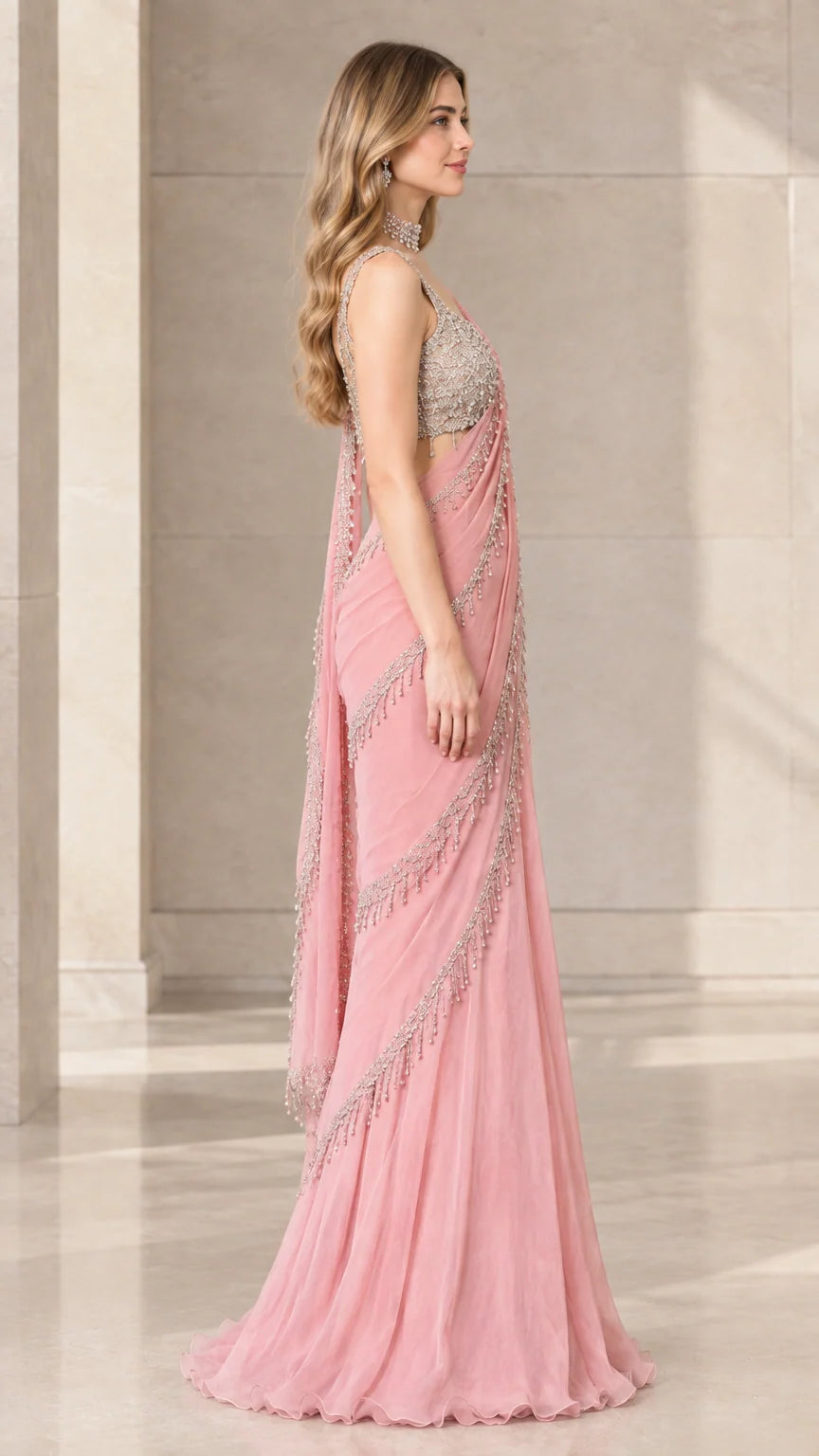 Side profile view of Blush Pink pre-draped saree gown showing elegant drape and beaded fringe
