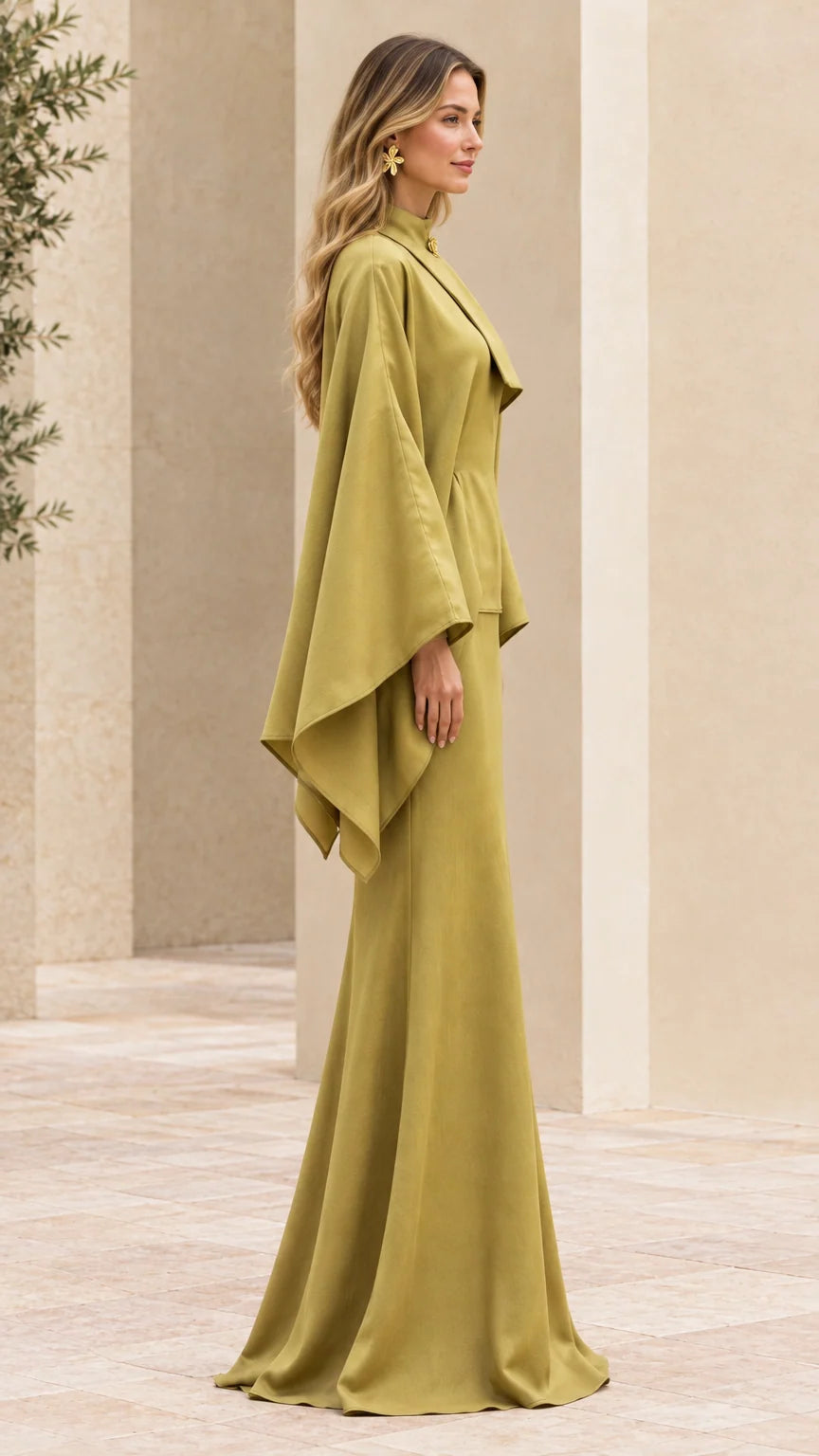 Side profile view of olive green cape maxi gown showing drape