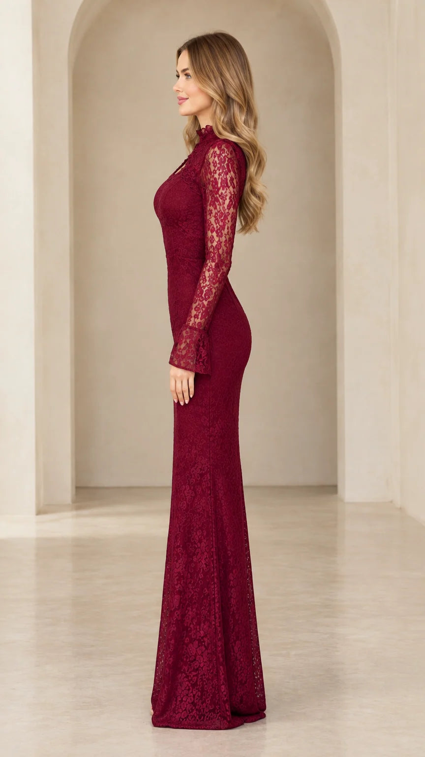 Burgundy lace maxi dress side profile view