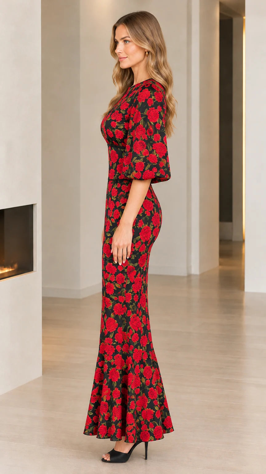 Side profile view of floral trumpet gown showing fitted waist and flared hem